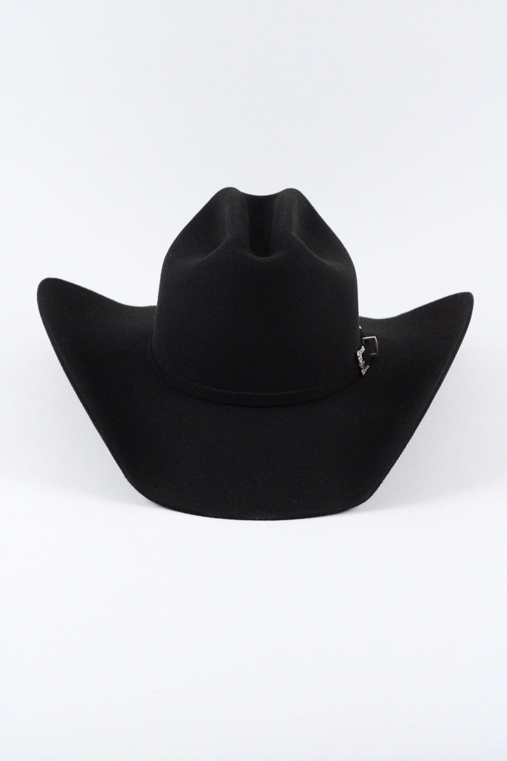 Front view of the black Wren merino wool cowboy hat showing the curved stiff brim and matching band