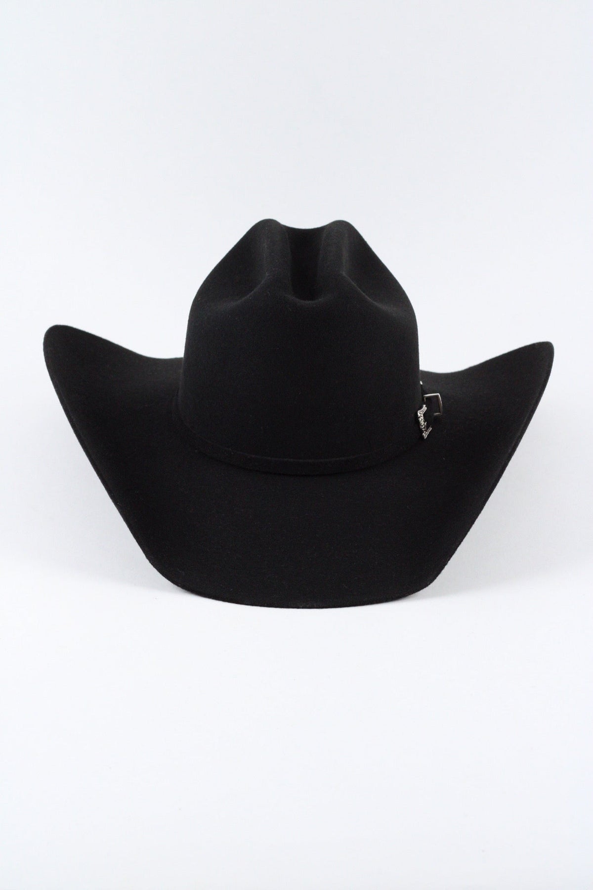 Front view of the black Wren merino wool cowboy hat showing the curved stiff brim and matching band