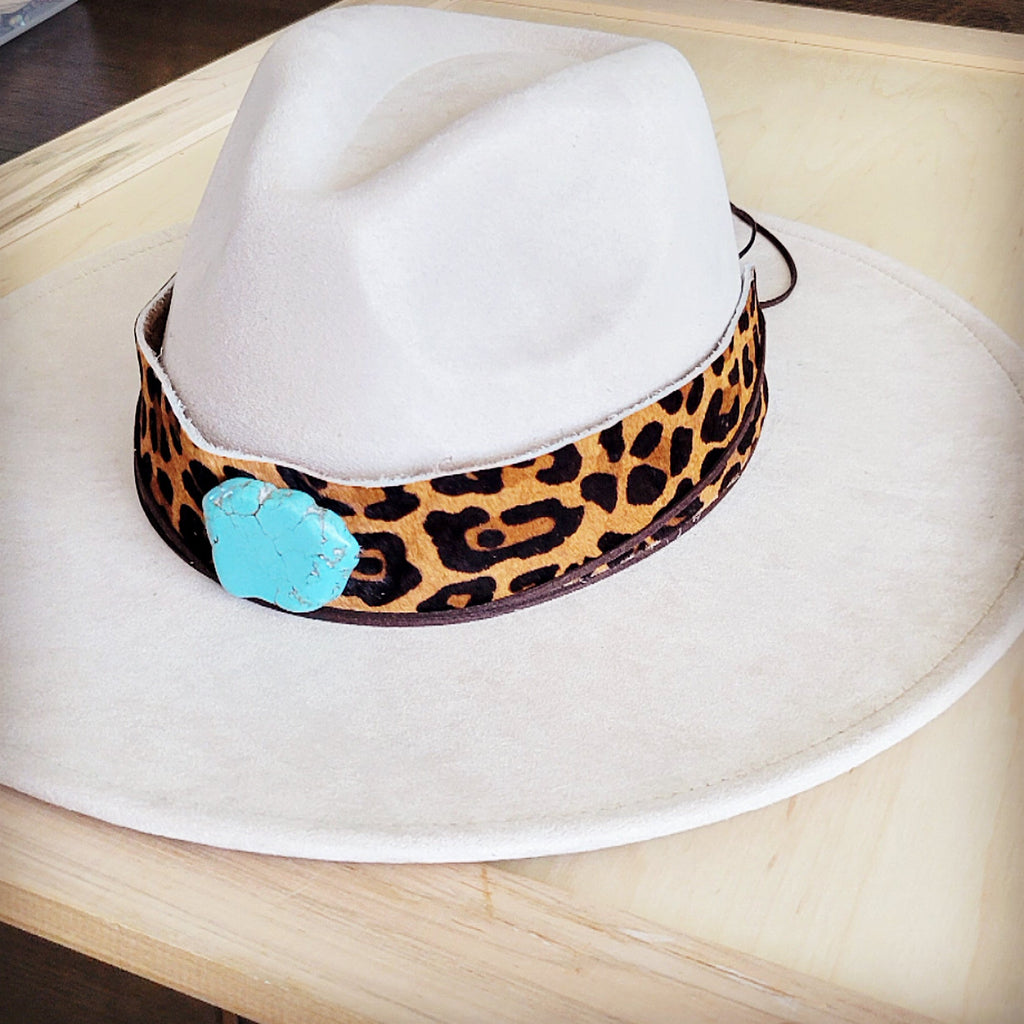Leopard hair-on-hide hat band with a turquoise-look slab, additional view