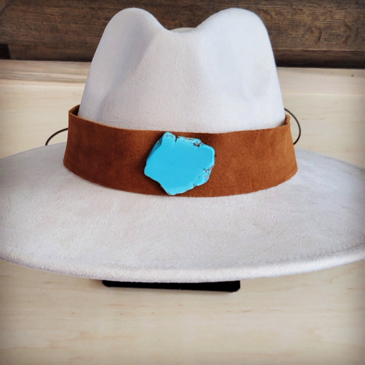 Cognac suede hat band with a turquoise-look slab, additional view