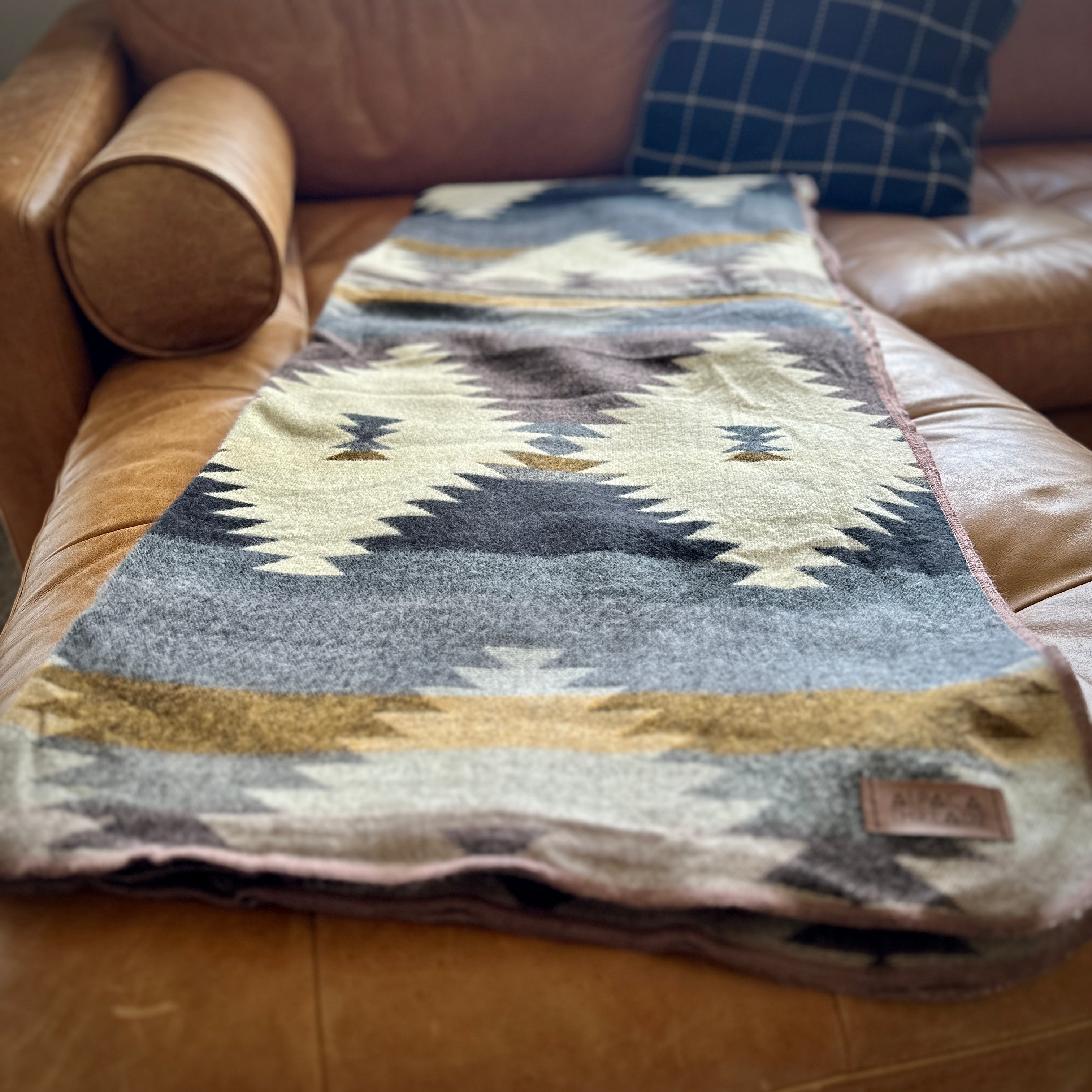 Heathered grey and tan with center diamond alpaca blanket
