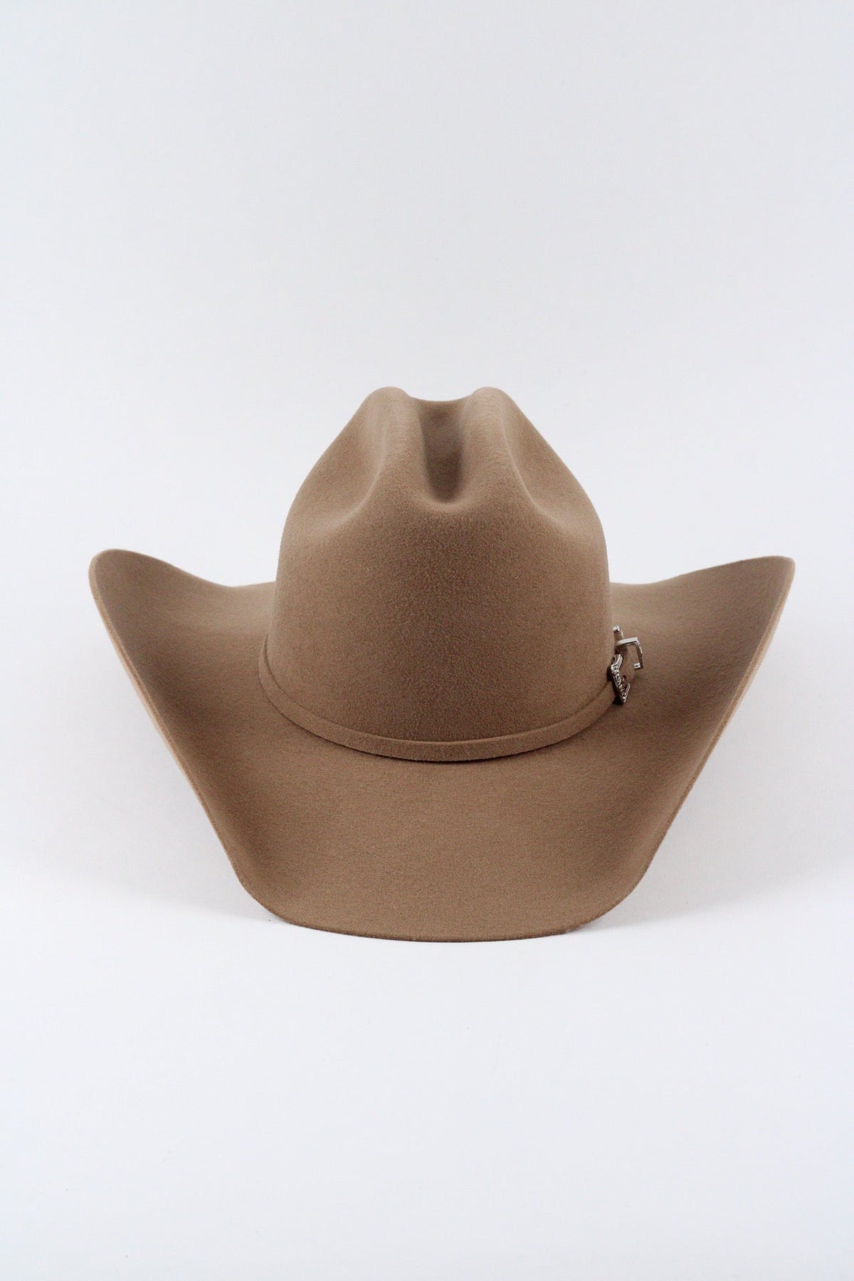 Front view of the camel Wren merino wool cowboy hat showing the curved stiff brim and matching band