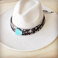Black and white speckled hair-on-hide hat band with a turquoise-look slab, additional view