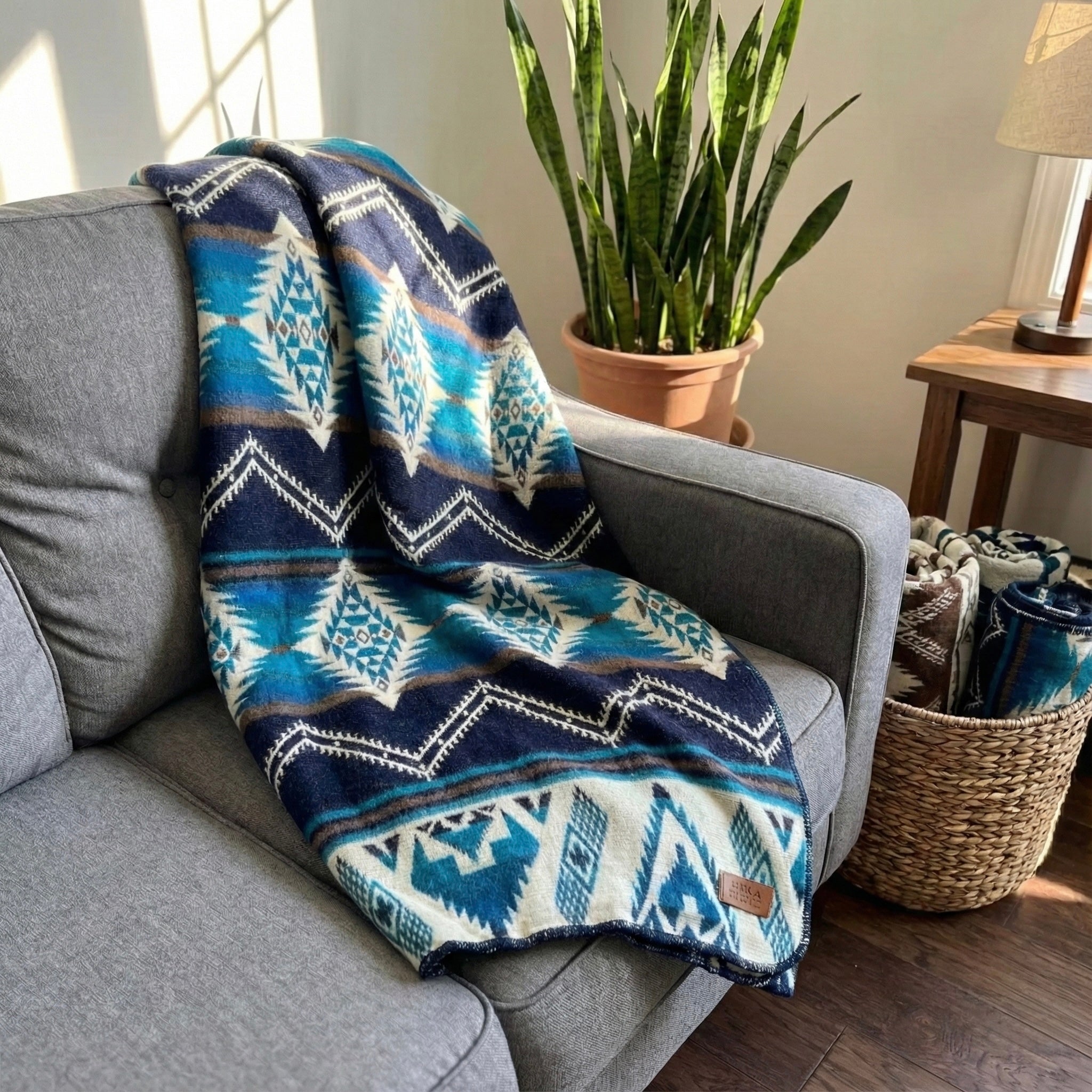 Cobalt and teal blue geometric alpaca blanket