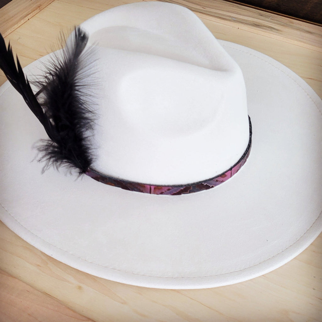 Magenta Navajo Genuine Leather Hat Band with Black Feathers