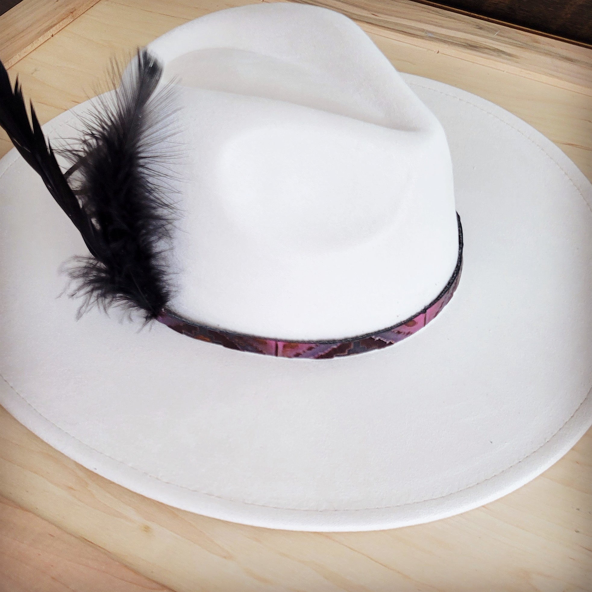 Magenta Navajo Genuine Leather Hat Band with Black Feathers