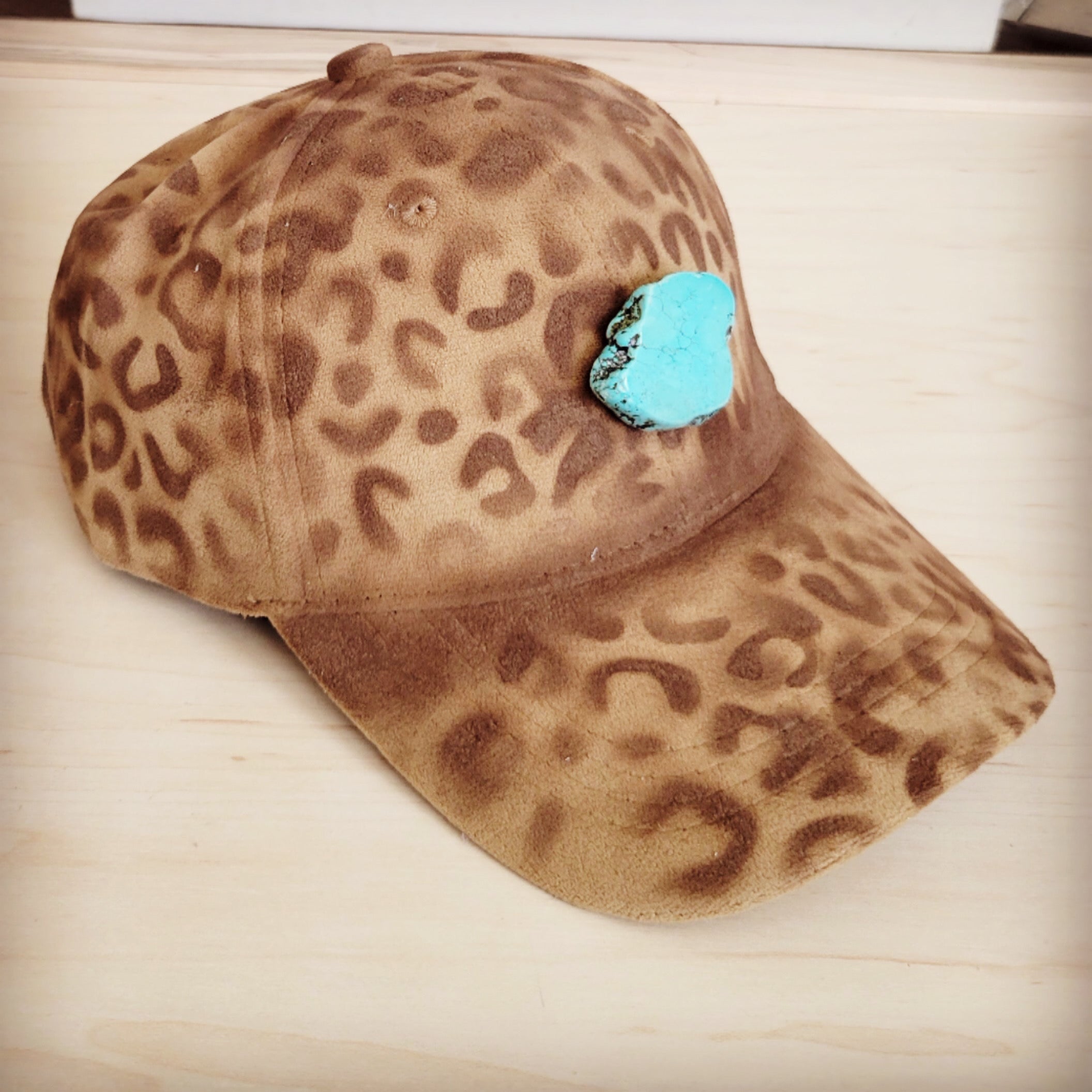 Hand-Painted Leopard Suede Baseball Cap in Tan with Turquoise