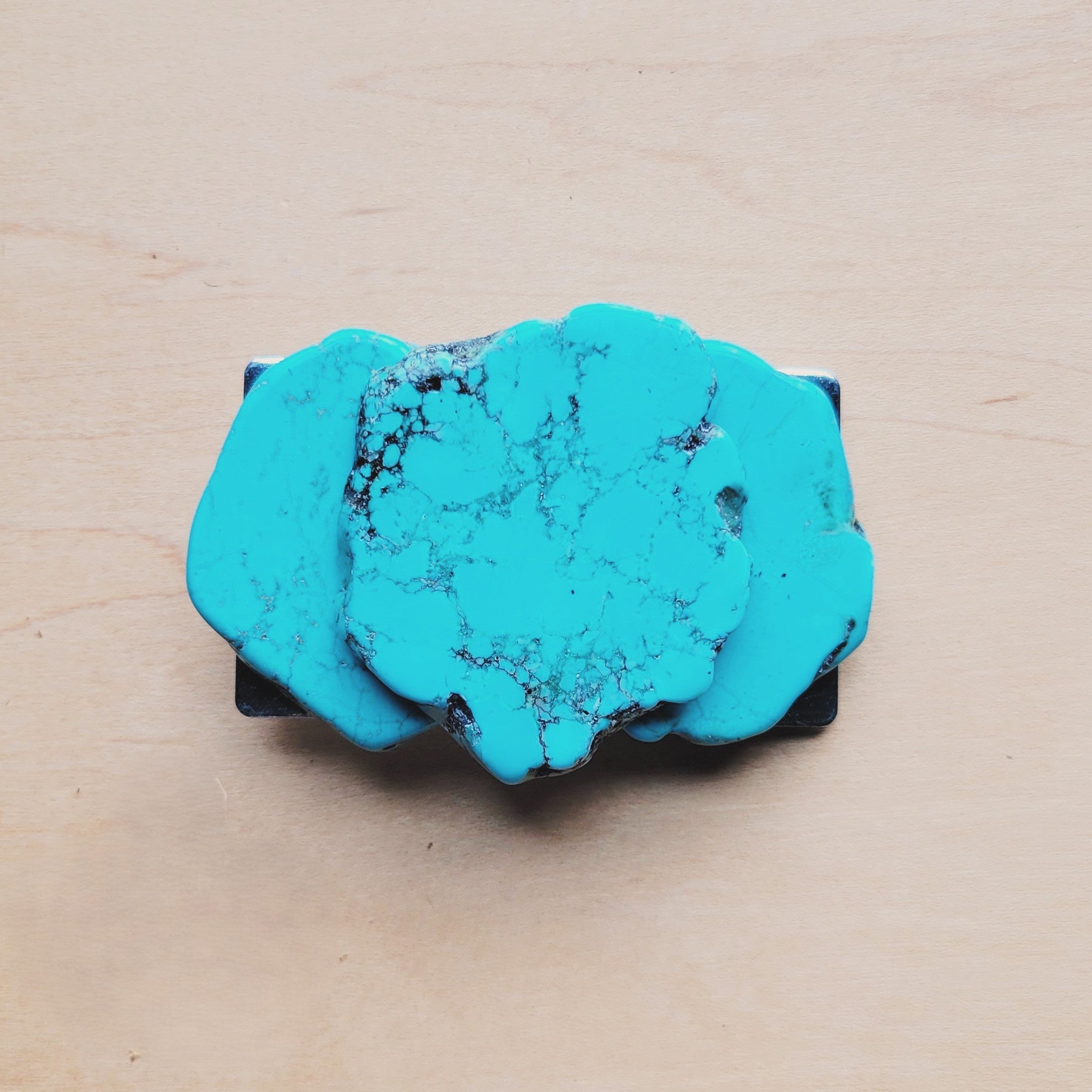 Belt buckle set with three turquoise slabs