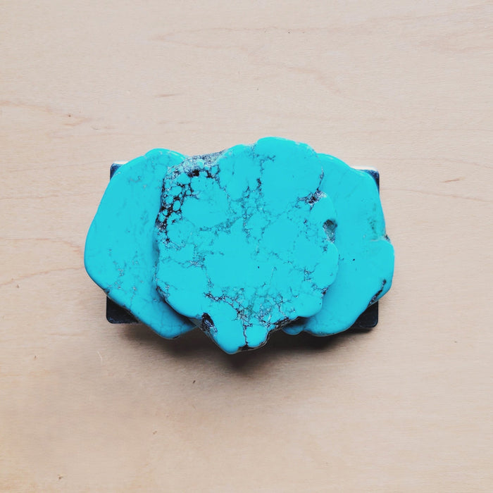 Belt buckle set with three turquoise slabs