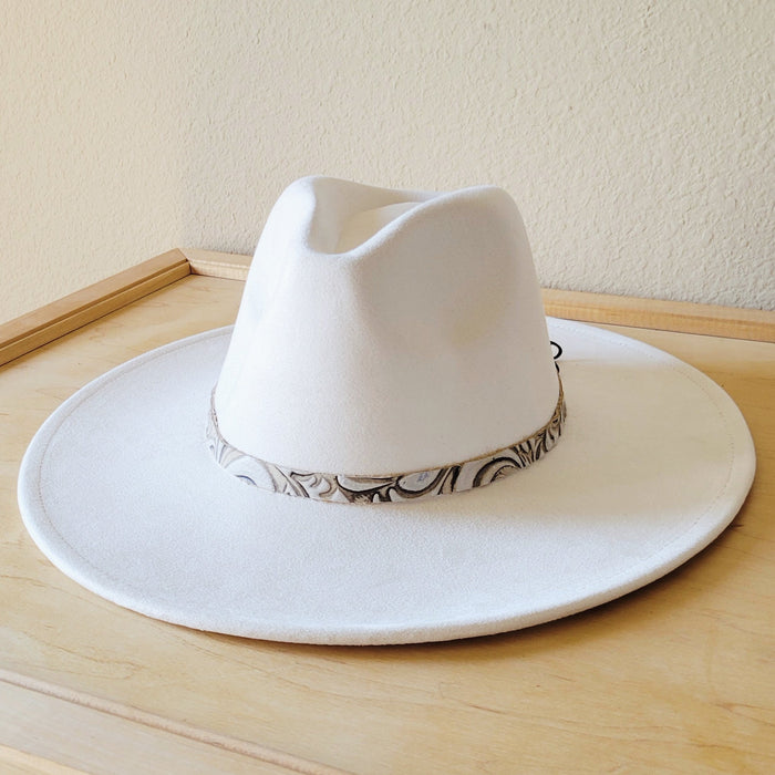 Sandy white floral embossed leather hat band