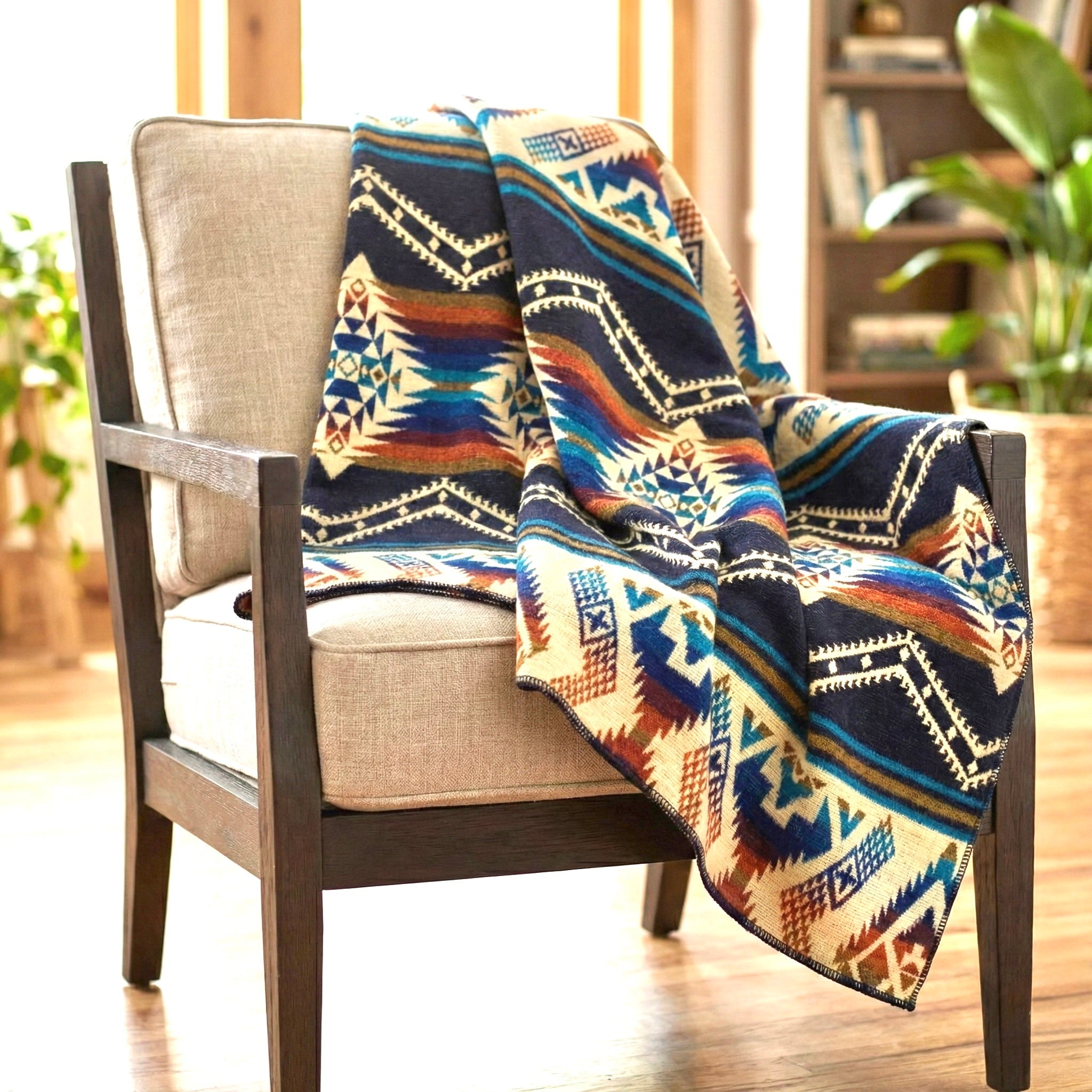 Navy, teal, rust and gold layered geometric alpaca blanket