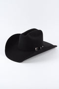 Black Wren merino wool cowboy hat with a cattleman crown, three quarter view on a white background