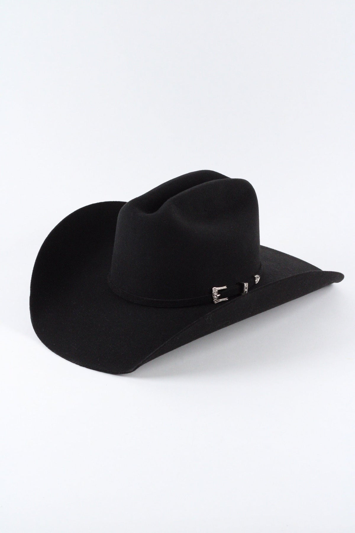 Black Wren merino wool cowboy hat with a cattleman crown, three quarter view on a white background