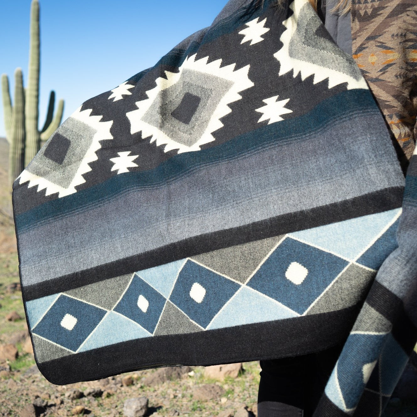 Black, cream and slate blue diamond alpaca blanket