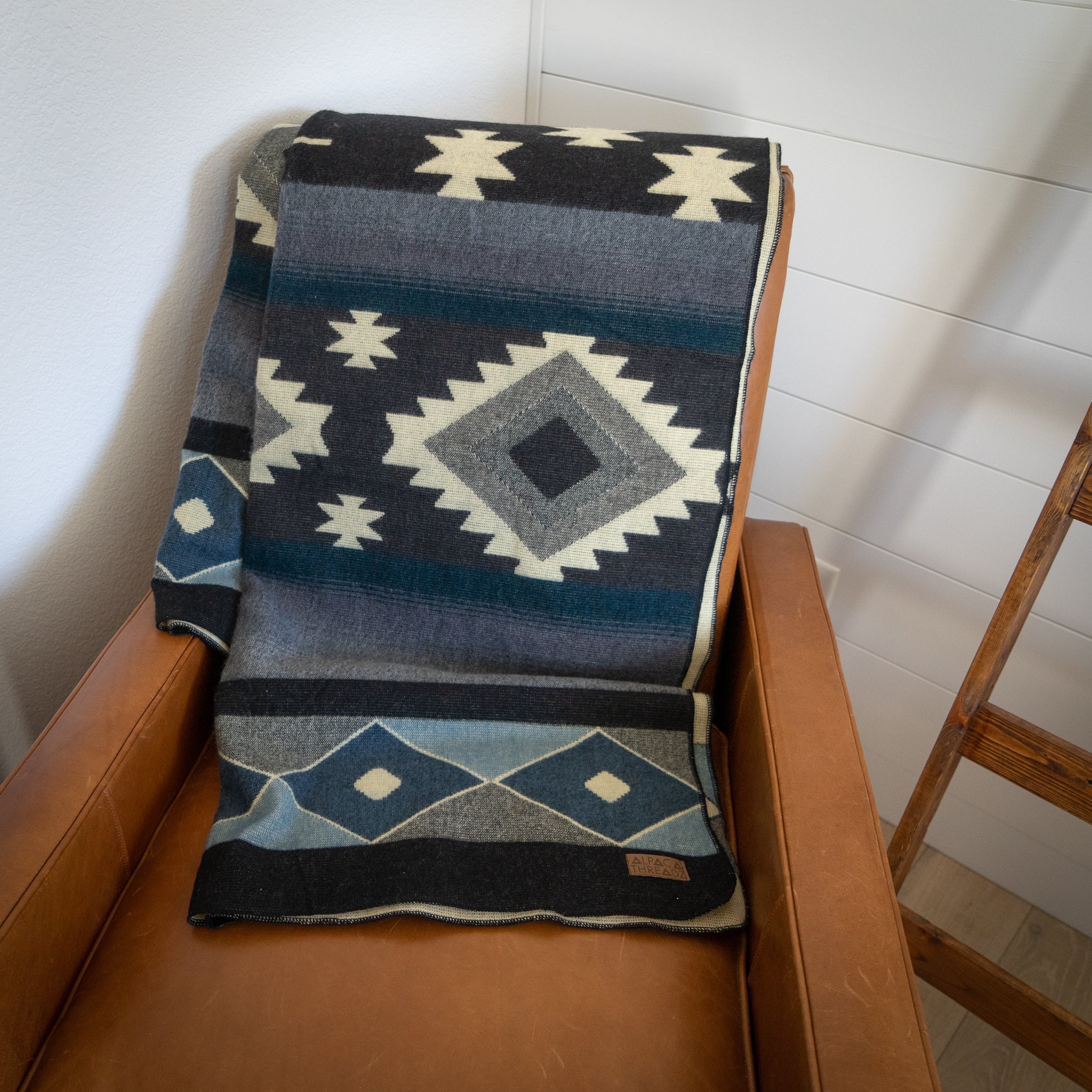 Black, cream and slate blue diamond alpaca blanket, view 13