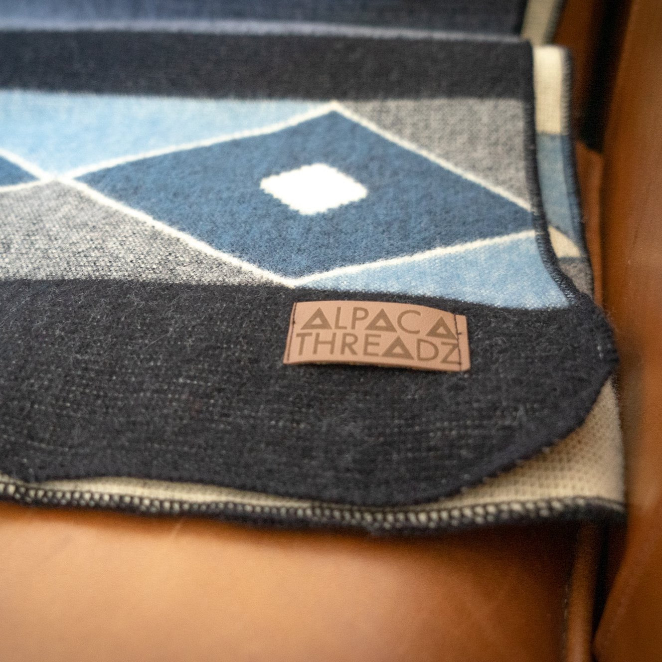 Black, cream and slate blue diamond alpaca blanket, view 12