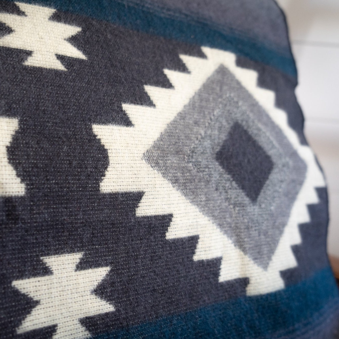 Black, cream and slate blue diamond alpaca blanket, view 11