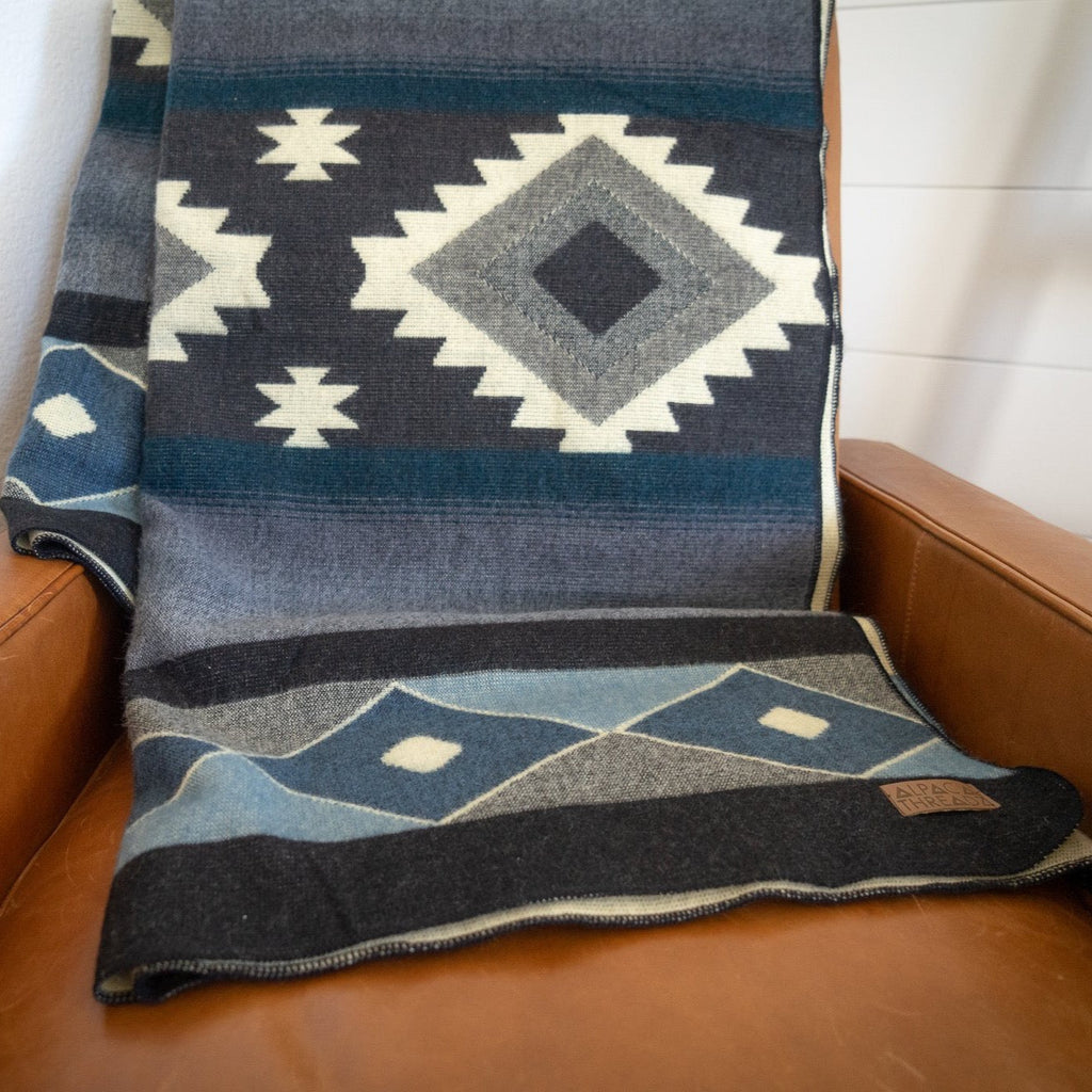 Black, cream and slate blue diamond alpaca blanket, view 10