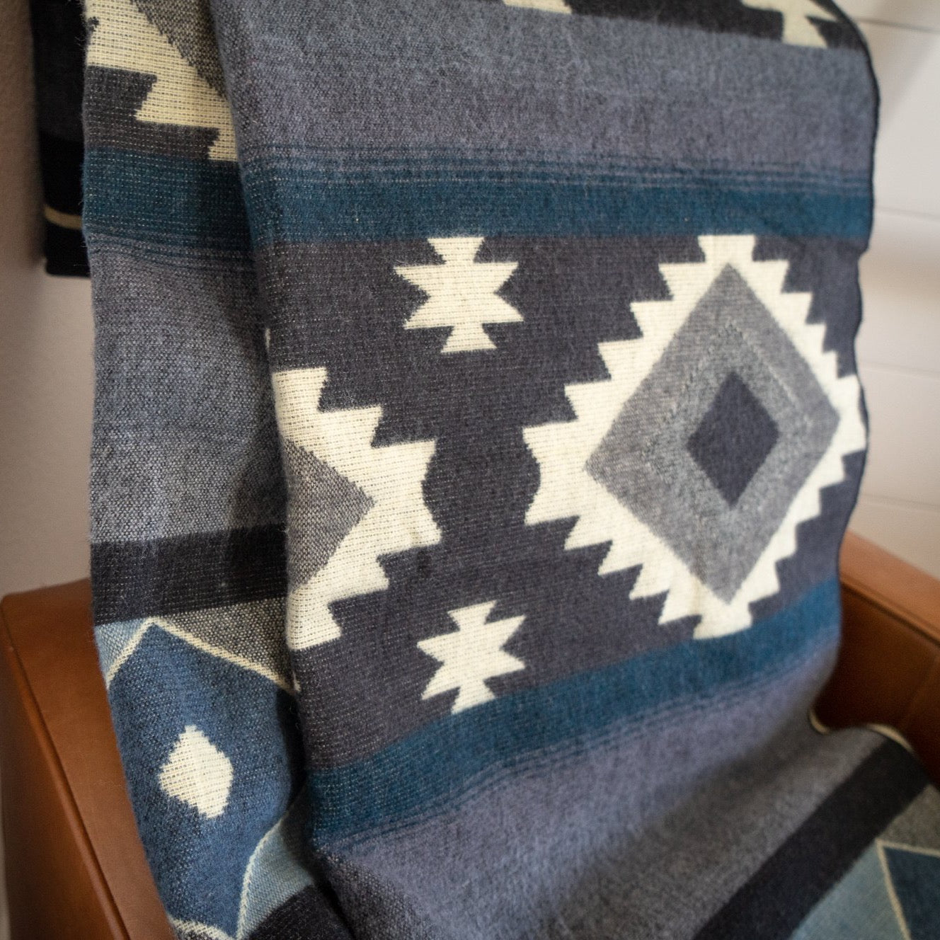 Black, cream and slate blue diamond alpaca blanket, view 9
