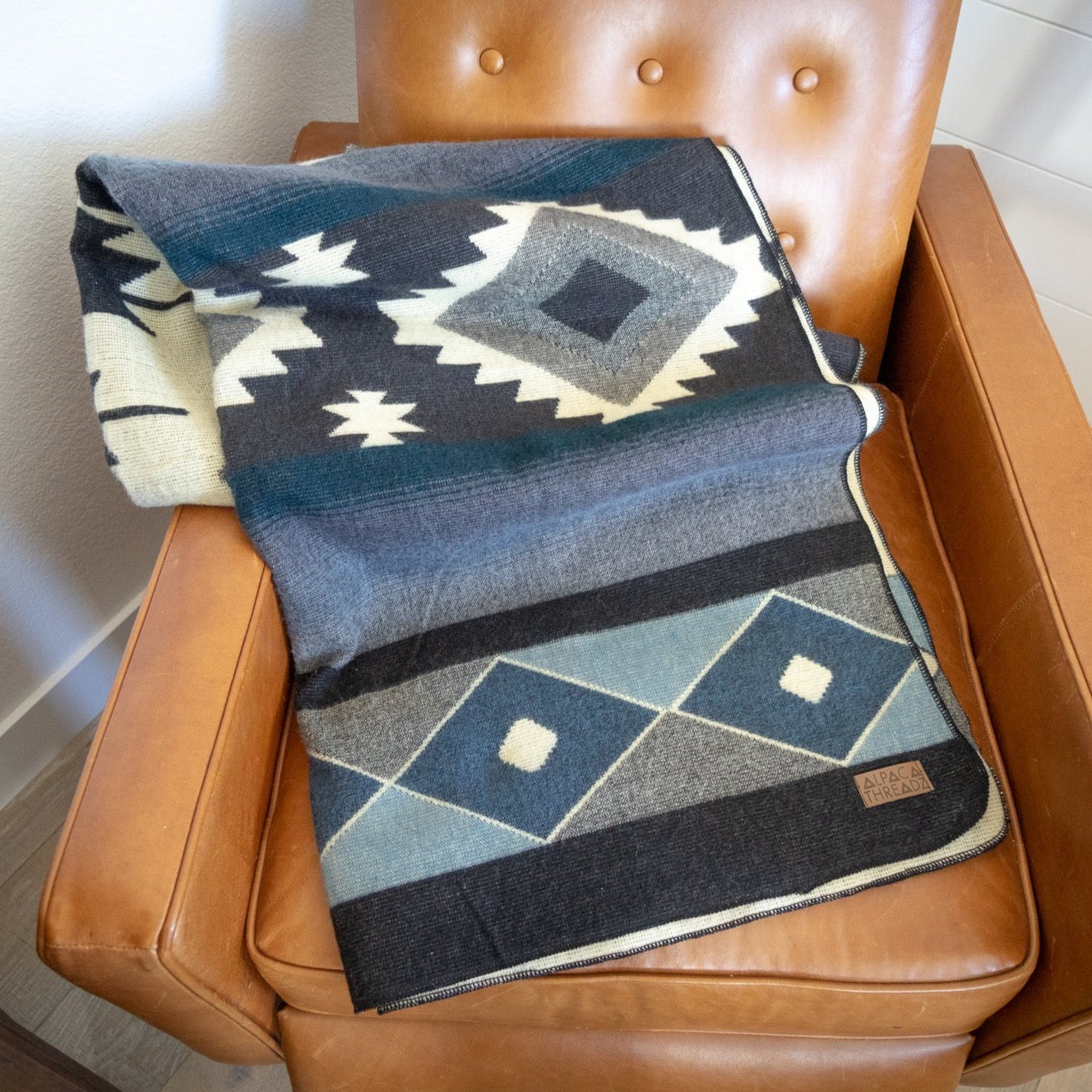 Black, cream and slate blue diamond alpaca blanket, view 2