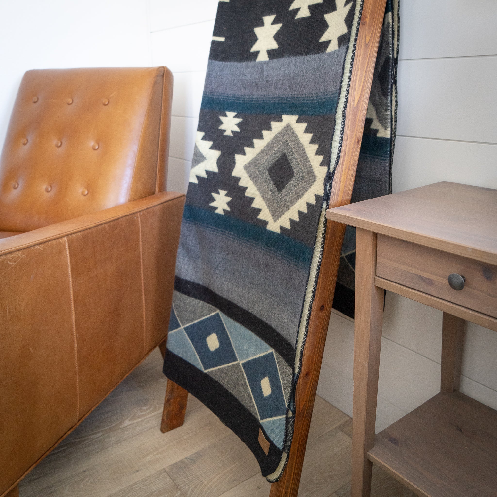 Black, cream and slate blue diamond alpaca blanket, view 7