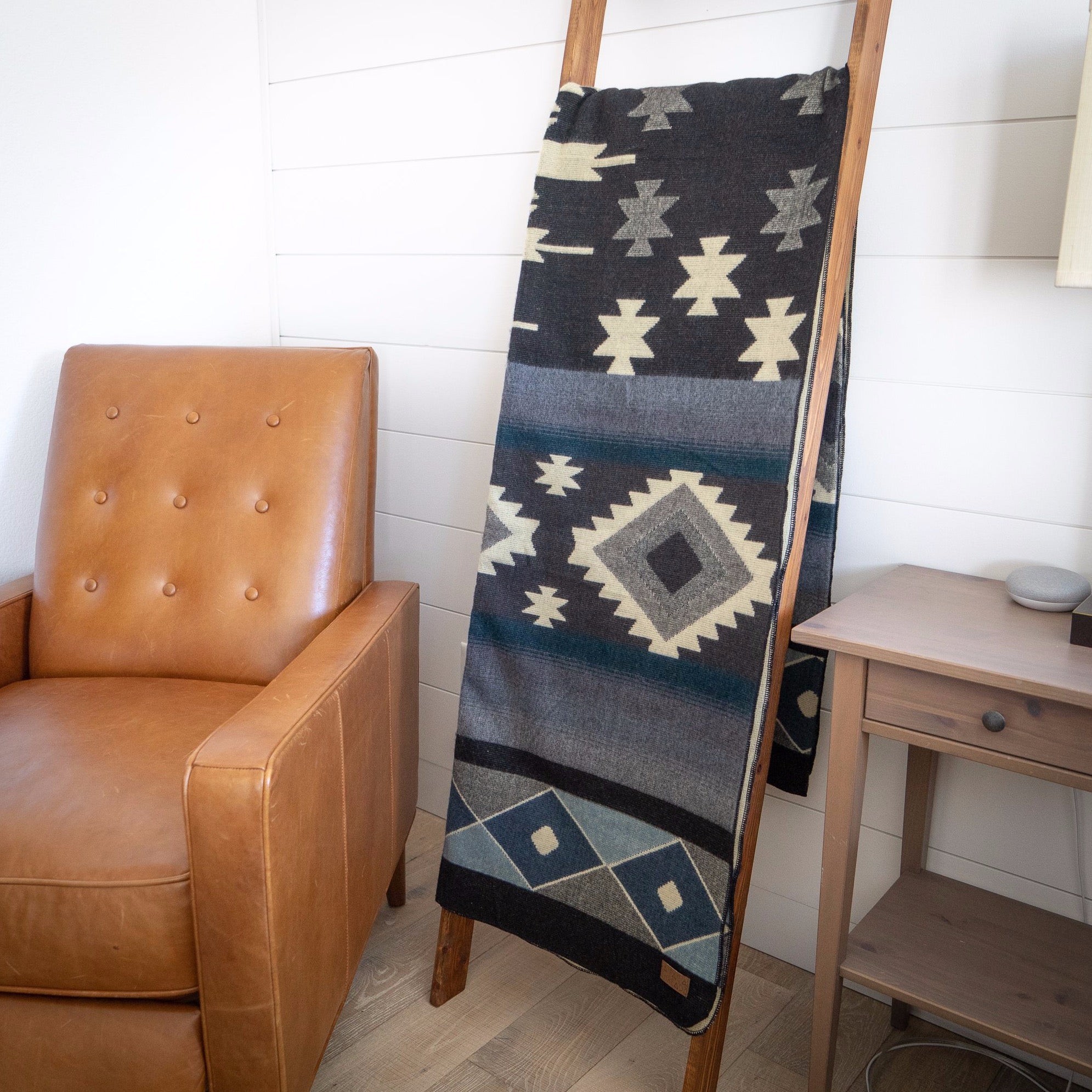 Black, cream and slate blue diamond alpaca blanket, view 4