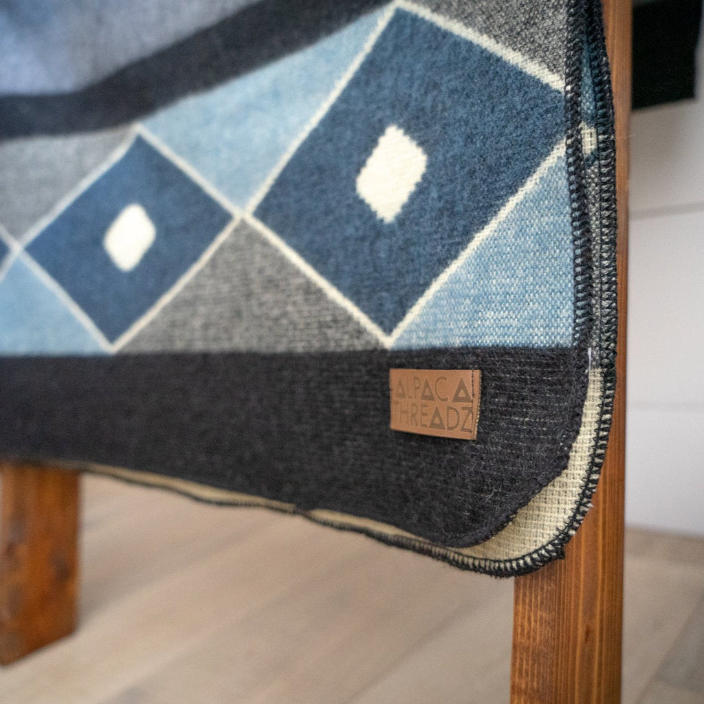 Black, cream and slate blue diamond alpaca blanket, view 6