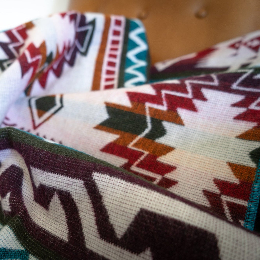 Turquoise, red and cream geometric alpaca blanket, view 8