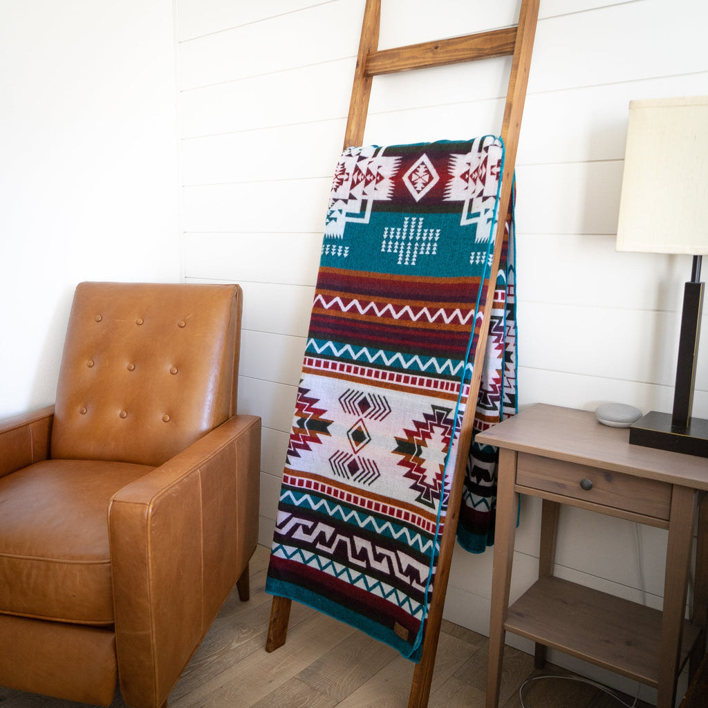 Turquoise, red and cream geometric alpaca blanket, view 6