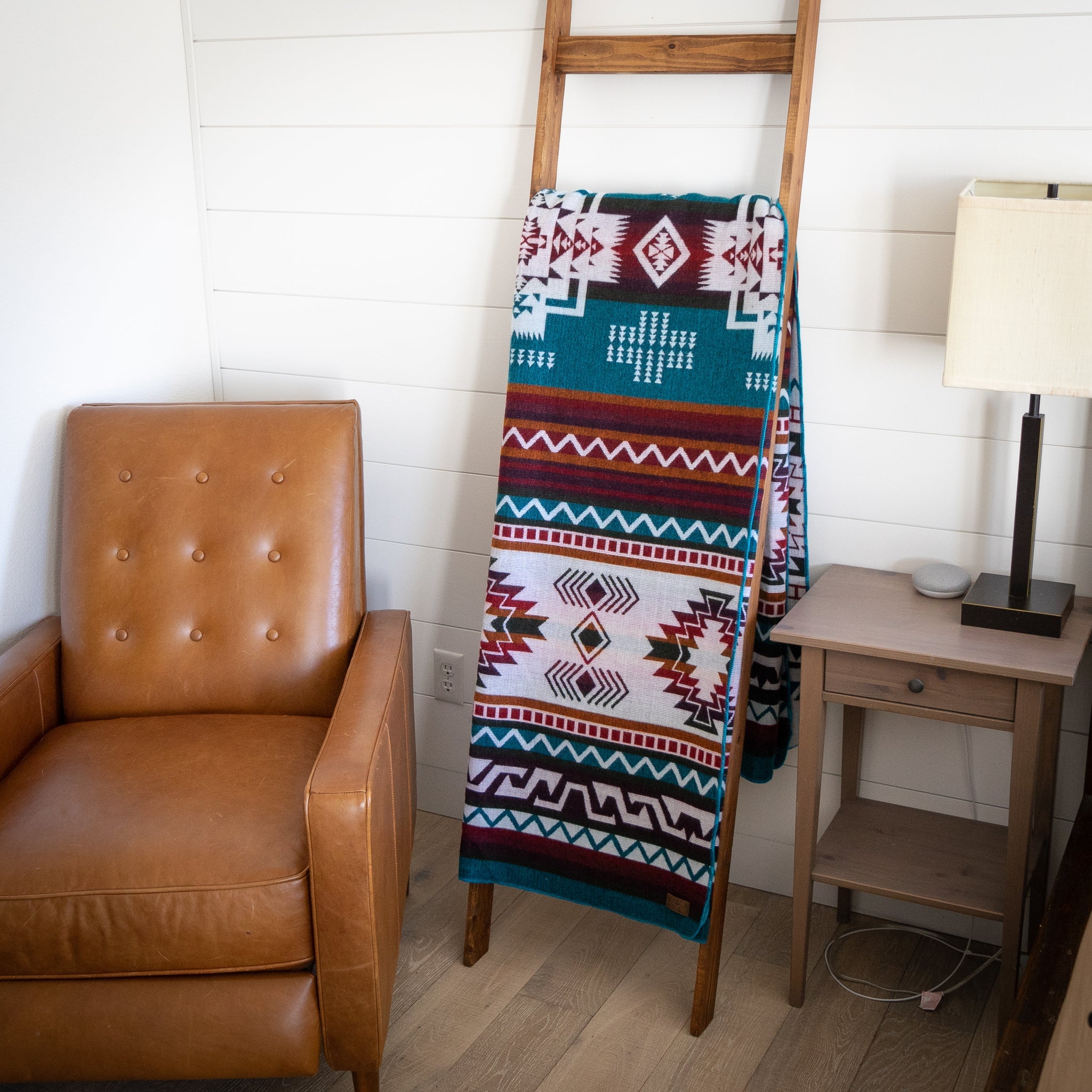 Turquoise, red and cream geometric alpaca blanket, view 5