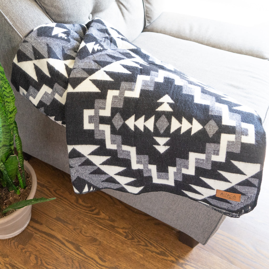 Black and cream chakana cross alpaca blanket, view 6
