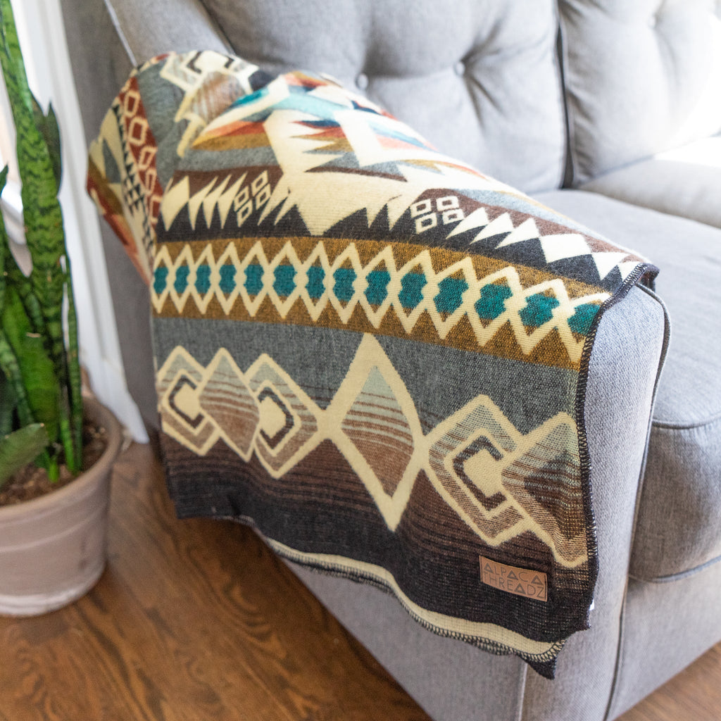 Camel, cream and turquoise geometric alpaca blanket, view 6