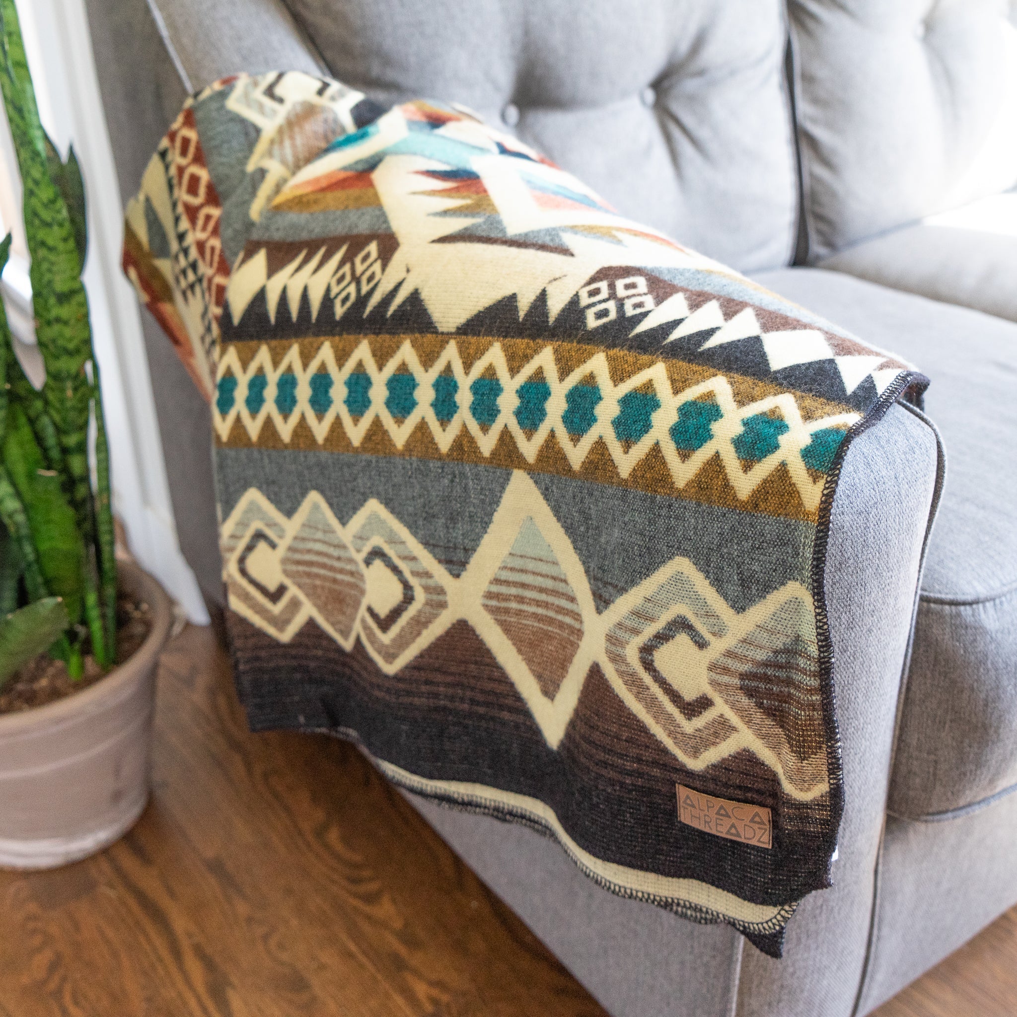 Camel, cream and turquoise geometric alpaca blanket, view 6