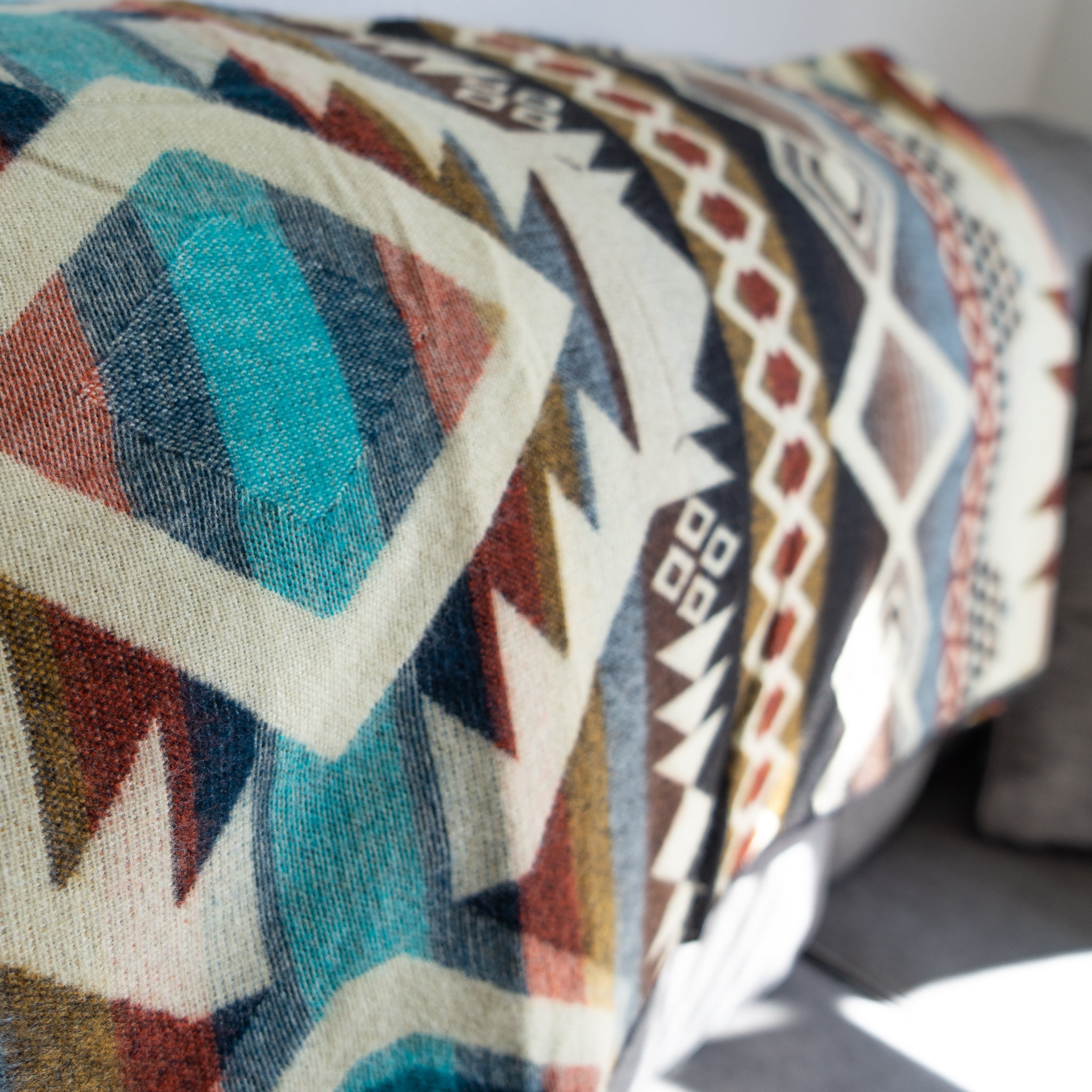 Camel, cream and turquoise geometric alpaca blanket, view 7