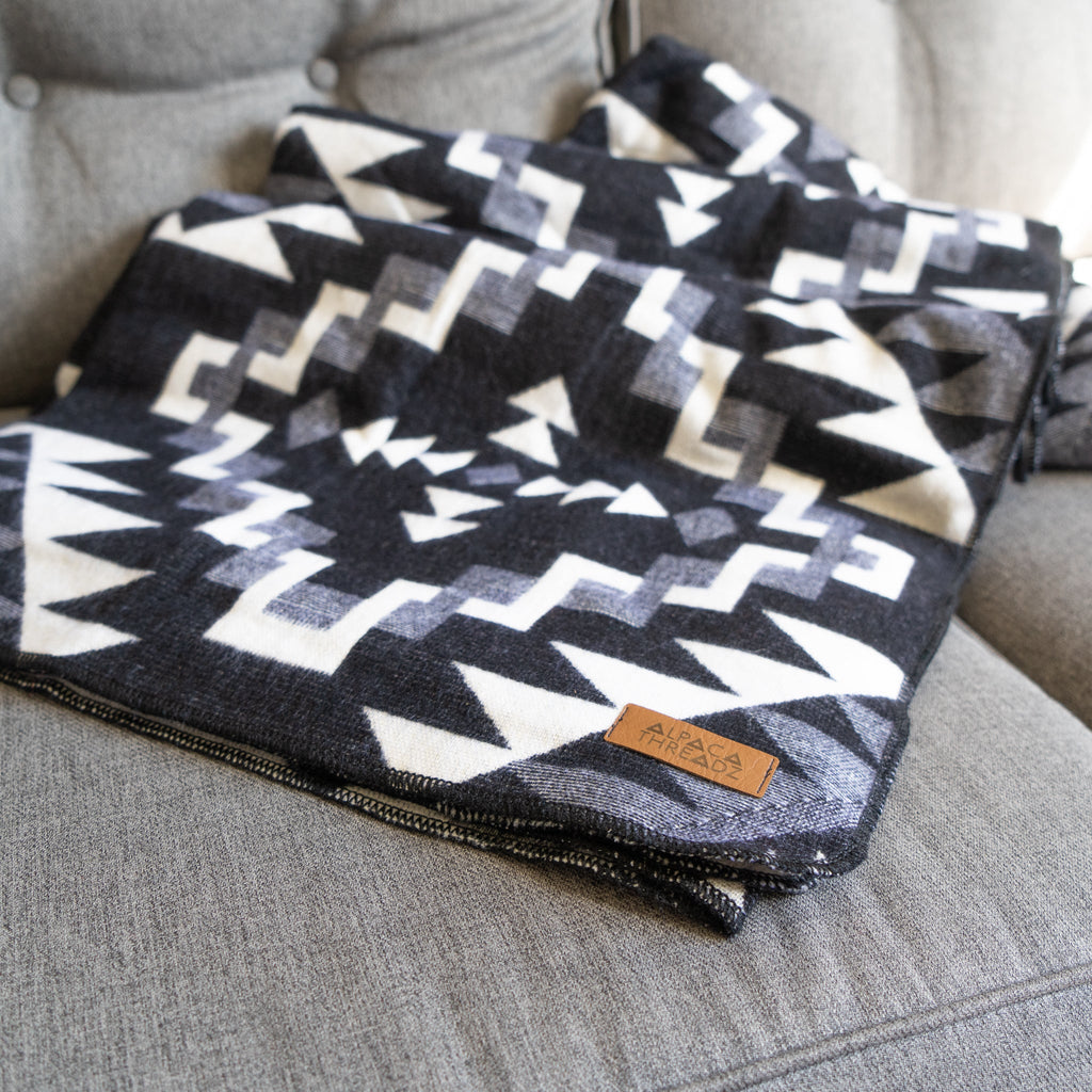Black and cream chakana cross alpaca blanket, view 2