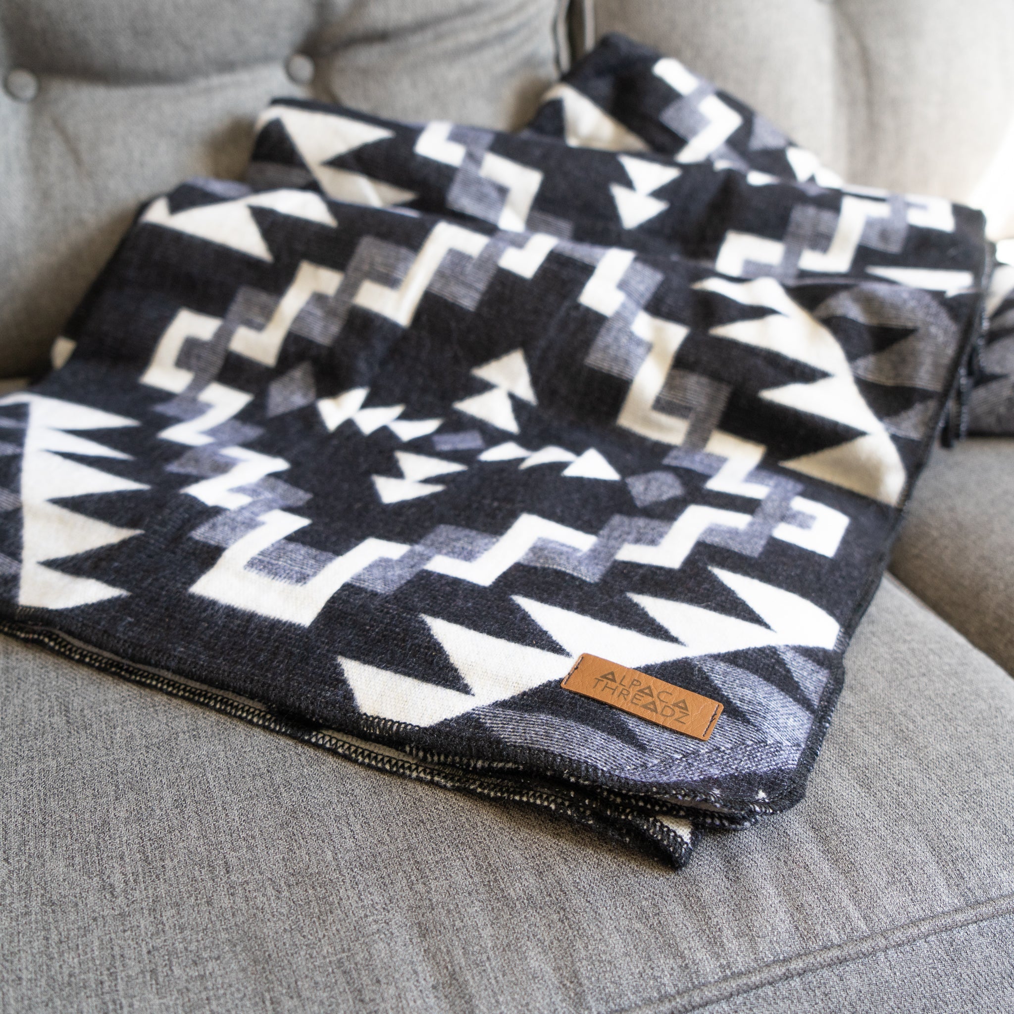 Black and cream chakana cross alpaca blanket, view 2