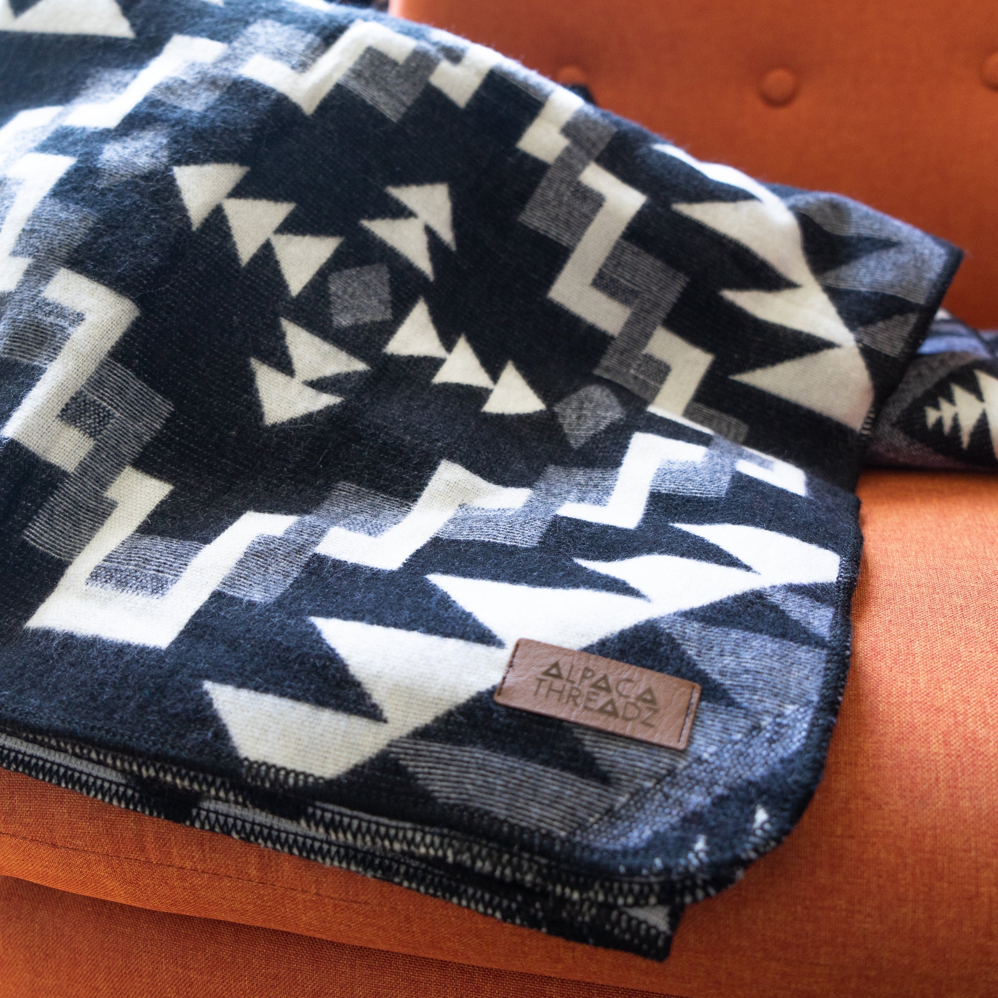 Black and cream chakana cross alpaca blanket, view 7