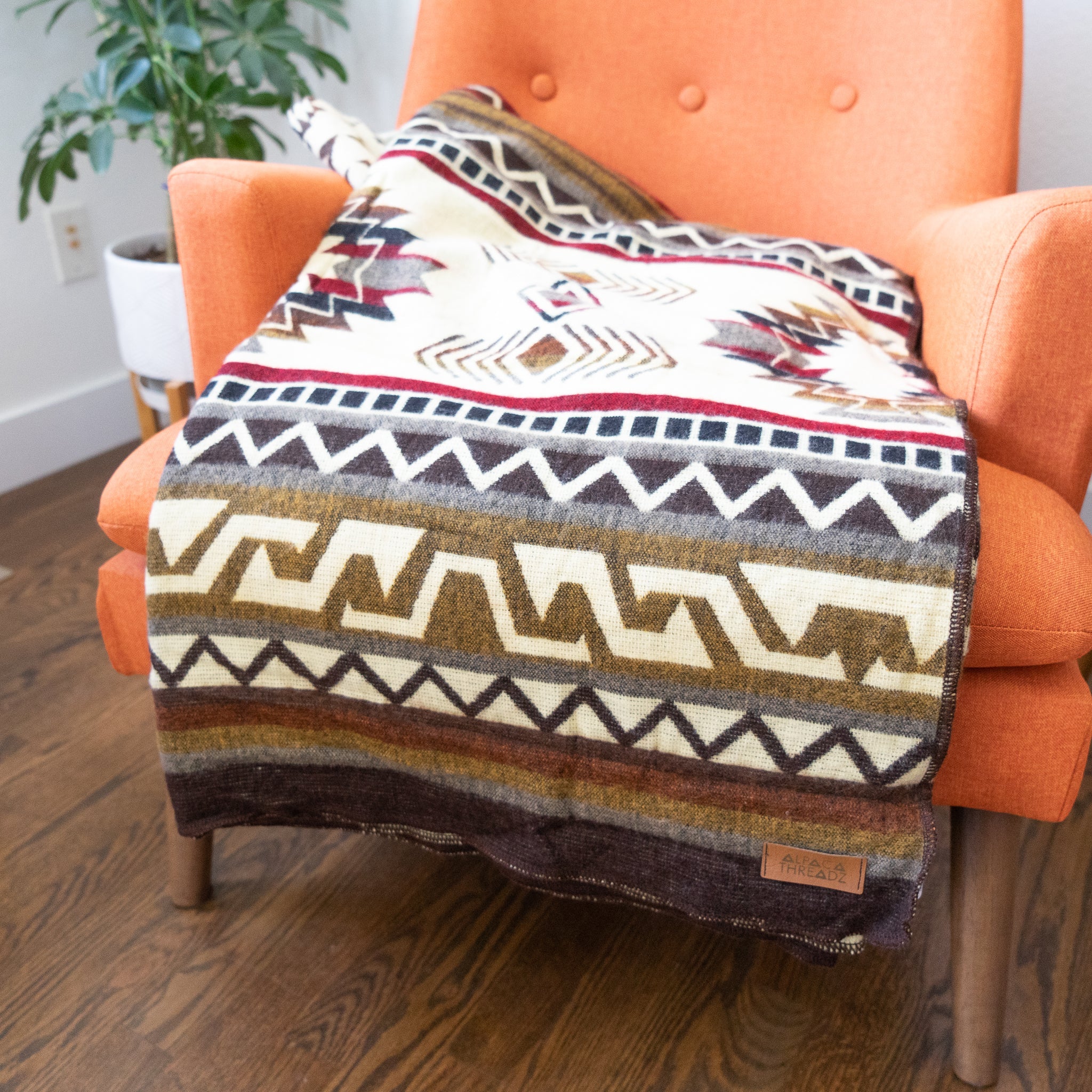Cream, chocolate and wine geometric alpaca blanket, view 3