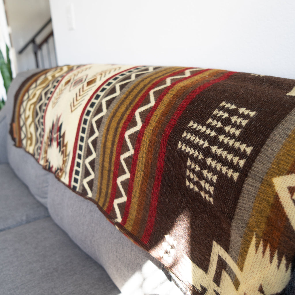 Cream, chocolate and wine geometric alpaca blanket, view 6