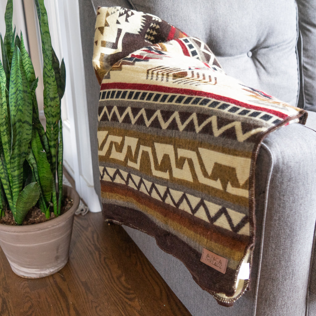 Cream, chocolate and wine geometric alpaca blanket, view 7