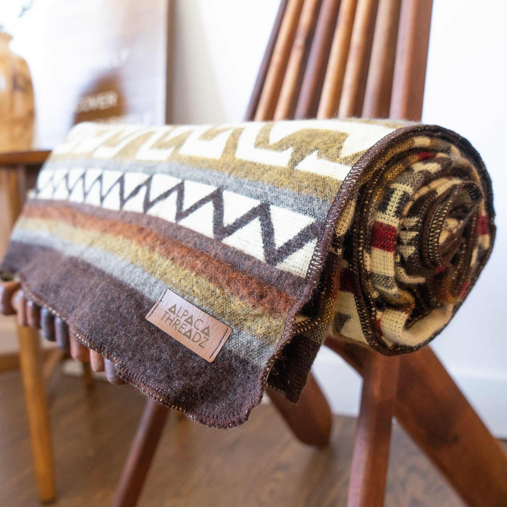Cream, chocolate and wine geometric alpaca blanket, view 8