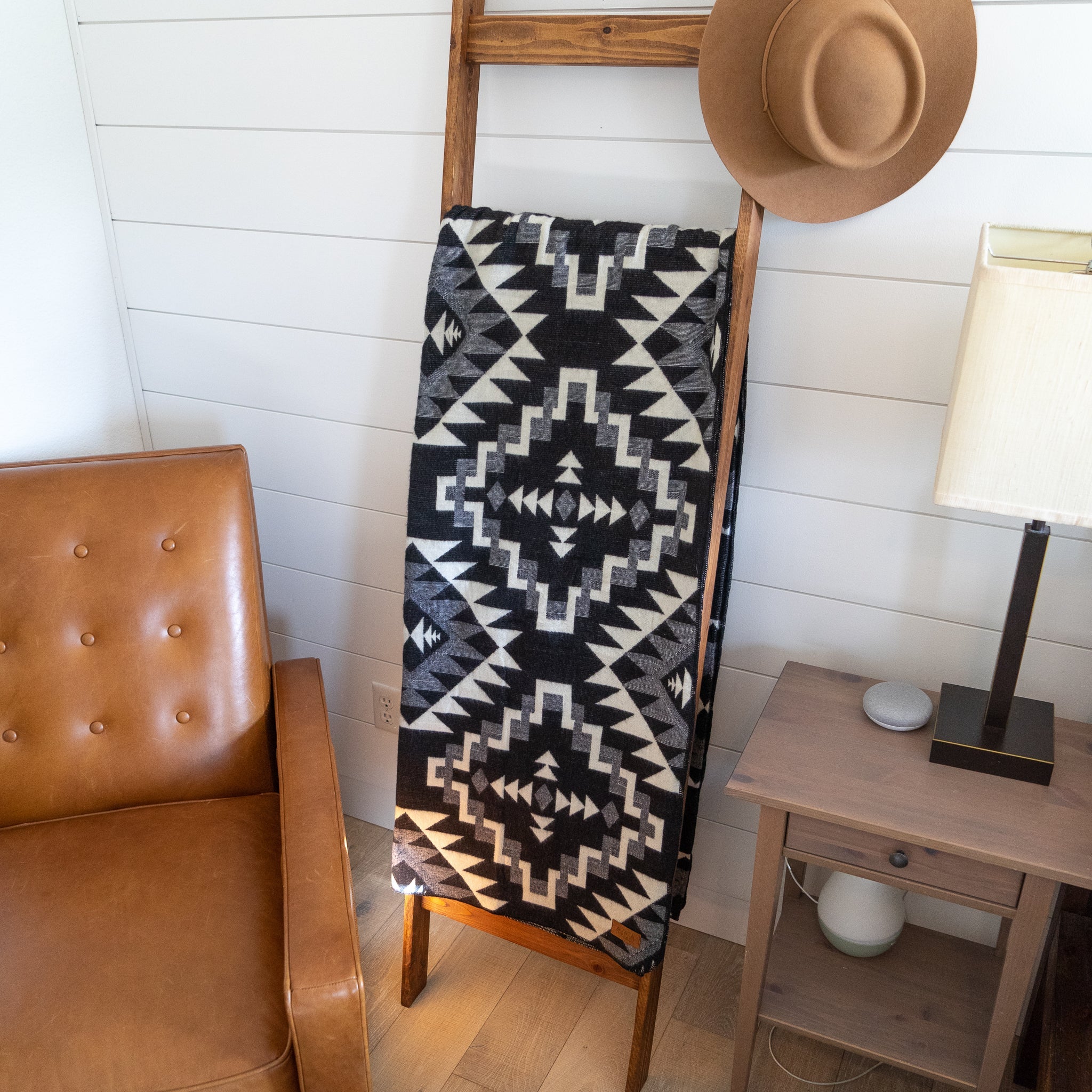 Black and cream chakana cross alpaca blanket, view 5