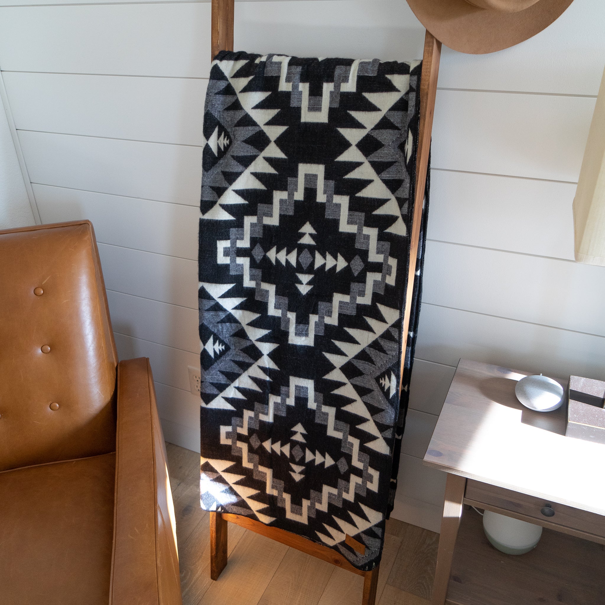Black and cream chakana cross alpaca blanket, view 3
