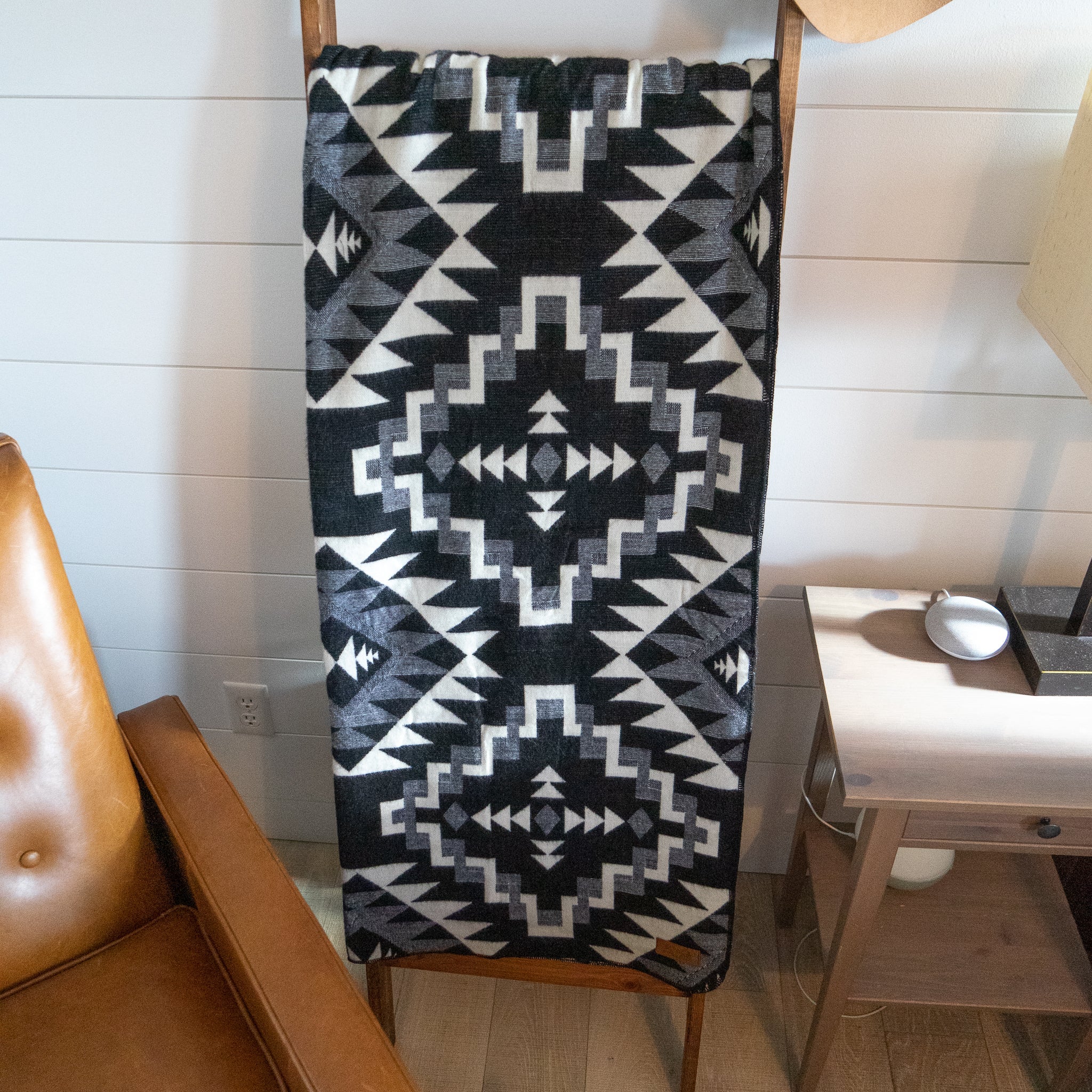 Black and cream chakana cross alpaca blanket, view 9