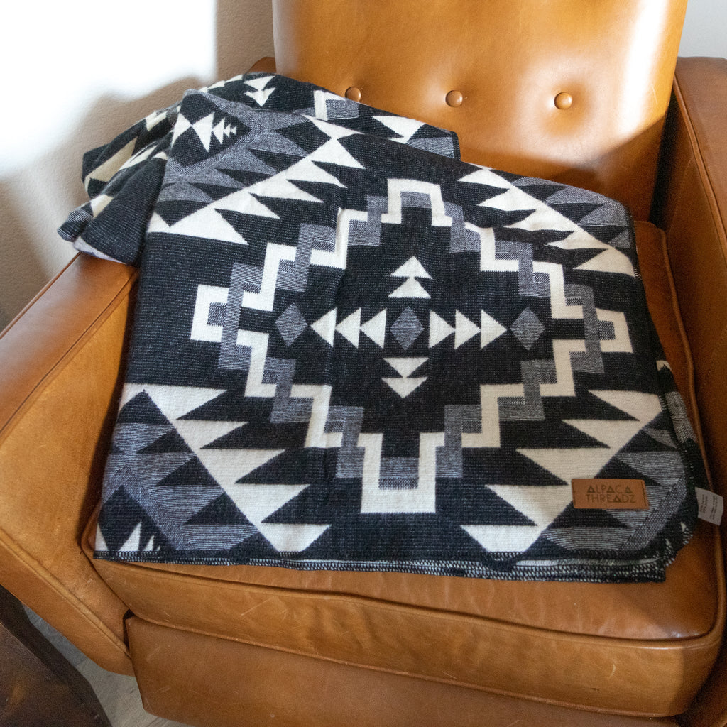Black and cream chakana cross alpaca blanket, view 8