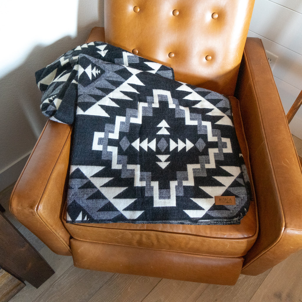 Black and cream chakana cross alpaca blanket, view 10