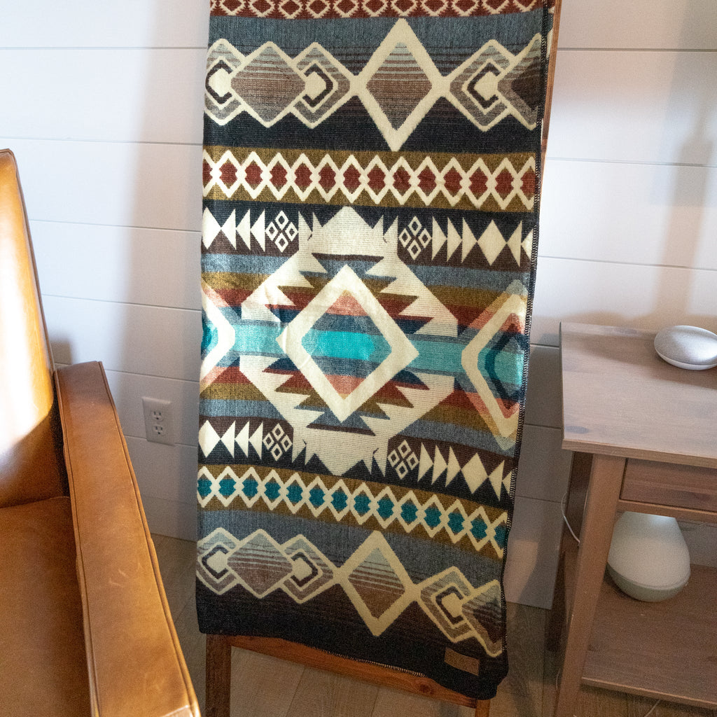 Camel, cream and turquoise geometric alpaca blanket, view 8