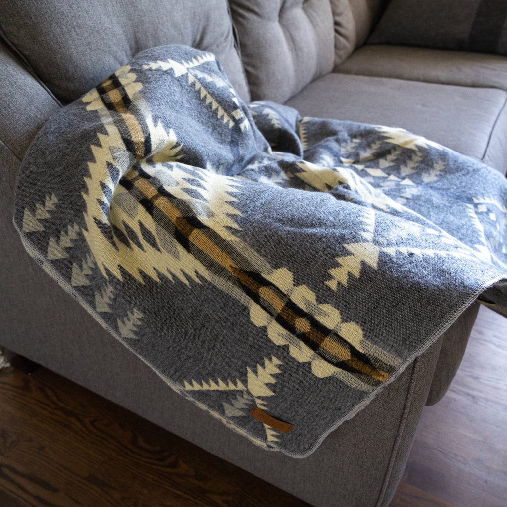 Soft grey and cream arrow and diamond alpaca blanket, view 9