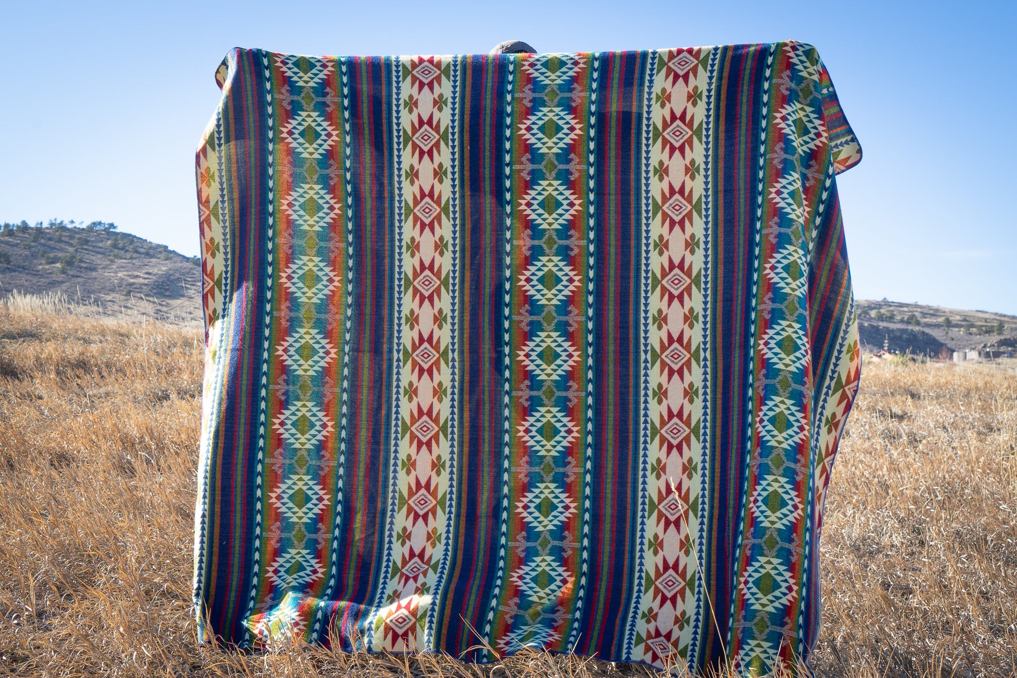 Bright multicolor vertical stripe alpaca blanket, view 2