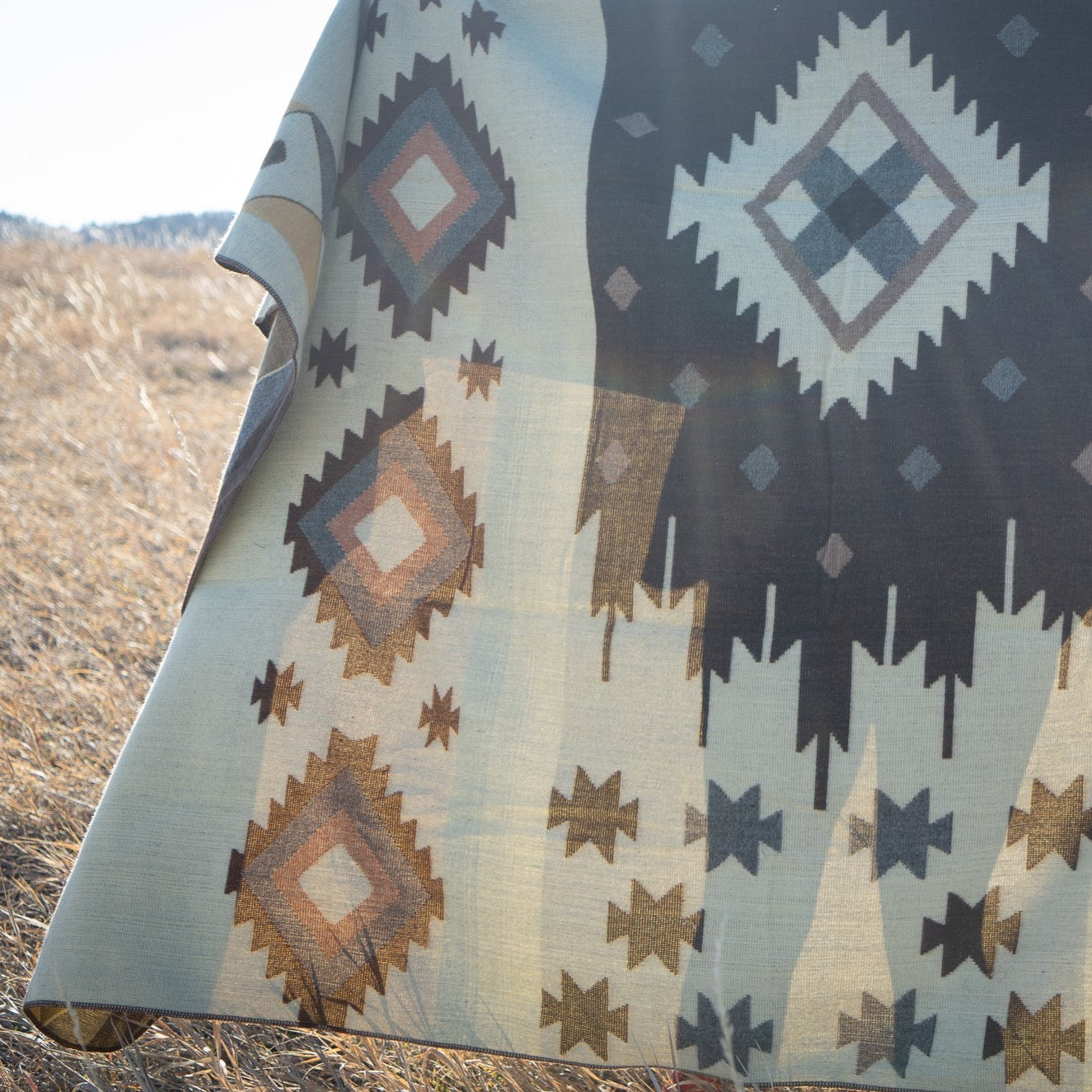 Sage, taupe and bone desert geometric alpaca blanket, view 3